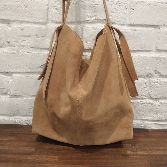 MNG Mango Beige Suede Leather Shoulder Bag Hobo Medium Purse Fringe Zipper - Picture 4 of 12